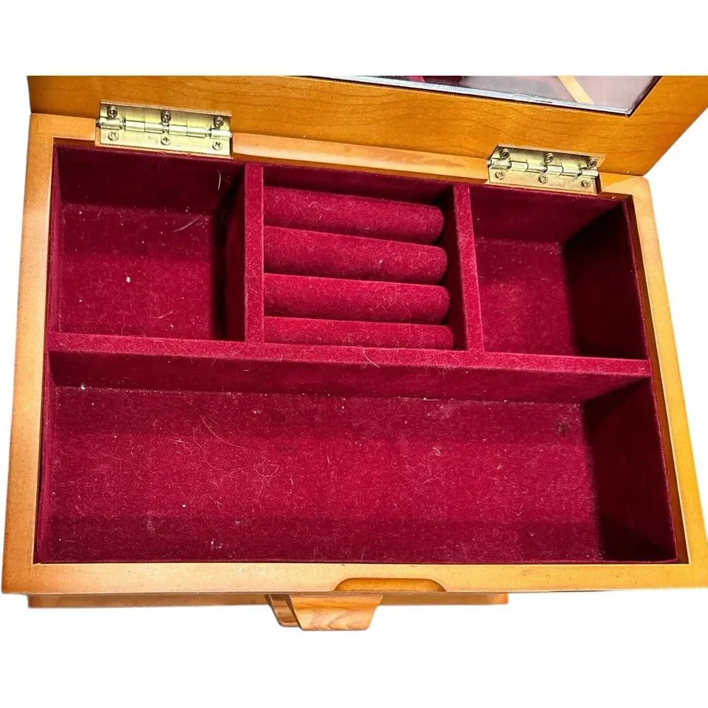 JEWELRY BOX BIRCH WOOD FELT LINED TWO DRAWER HINGED LID COMPARTMENT MIRROR